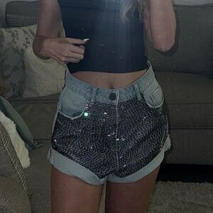 LUXURY One Teaspoon Light Blue Embellished Jean Shorts